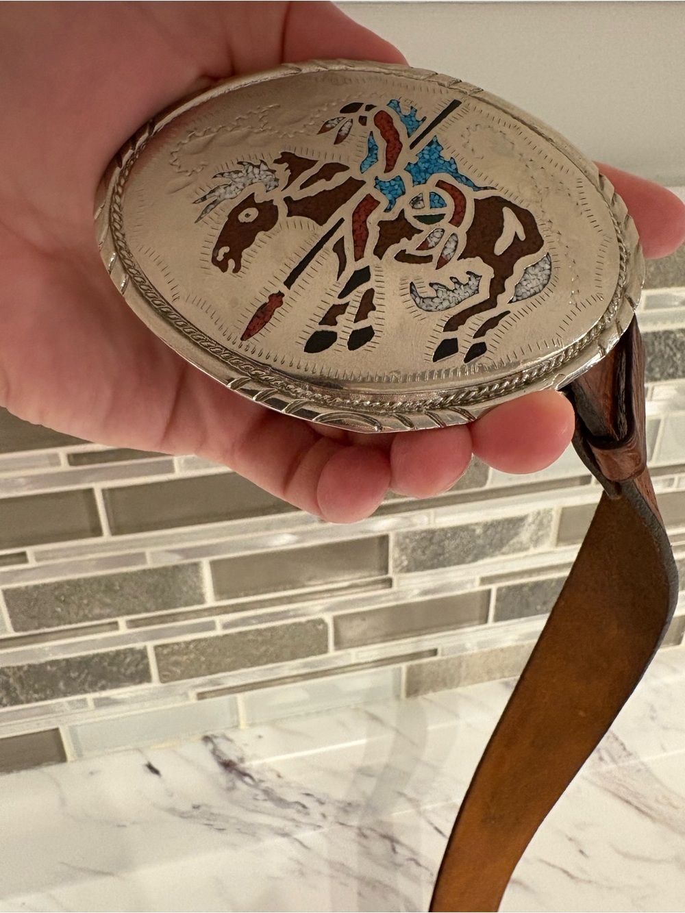 Vintage Native Belt Buckle with leather belt Turquoise stone chips southwestern - Picture 7 of 15